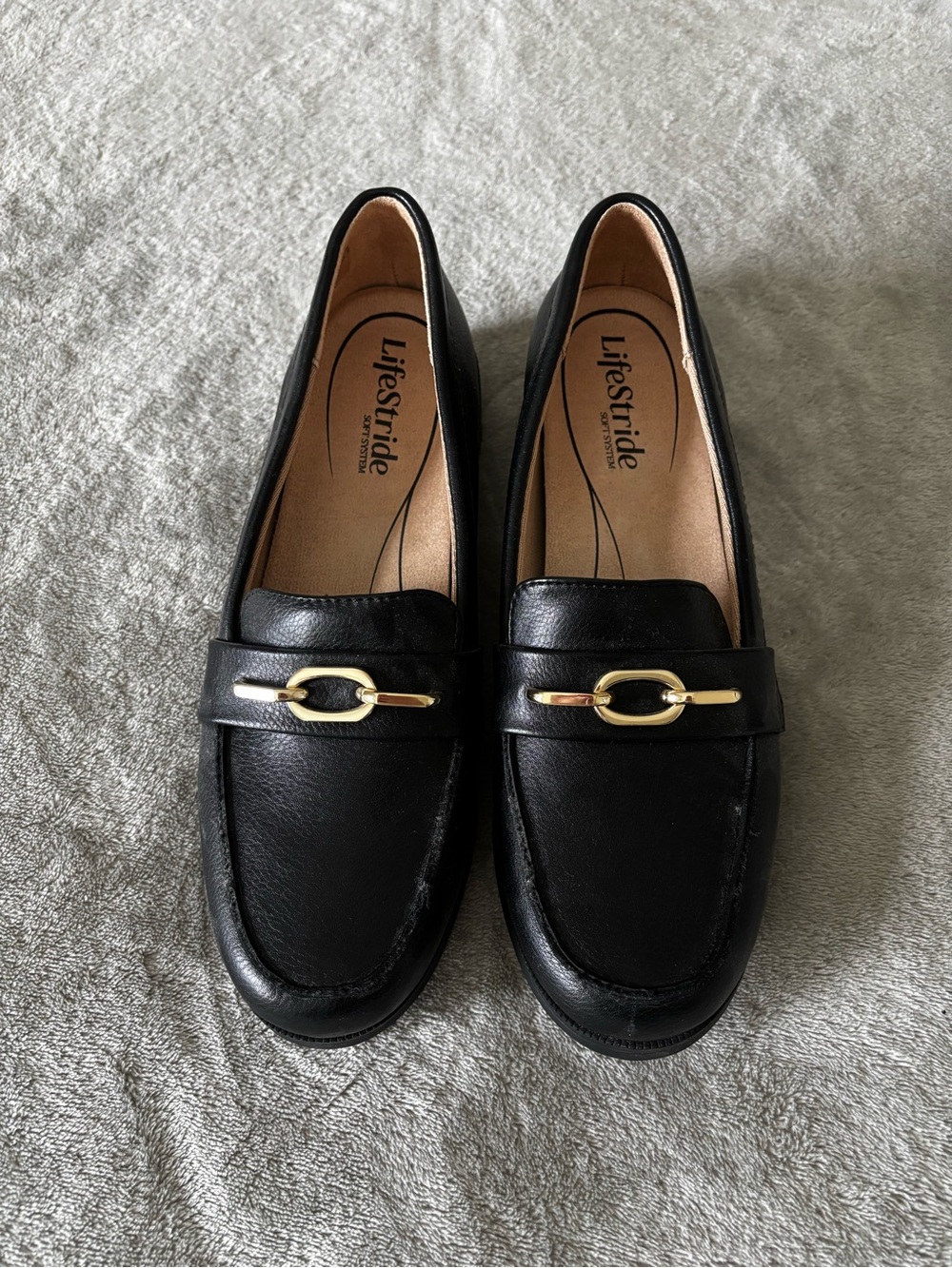 Life Stride Black Leather Loafers with Gold Accent